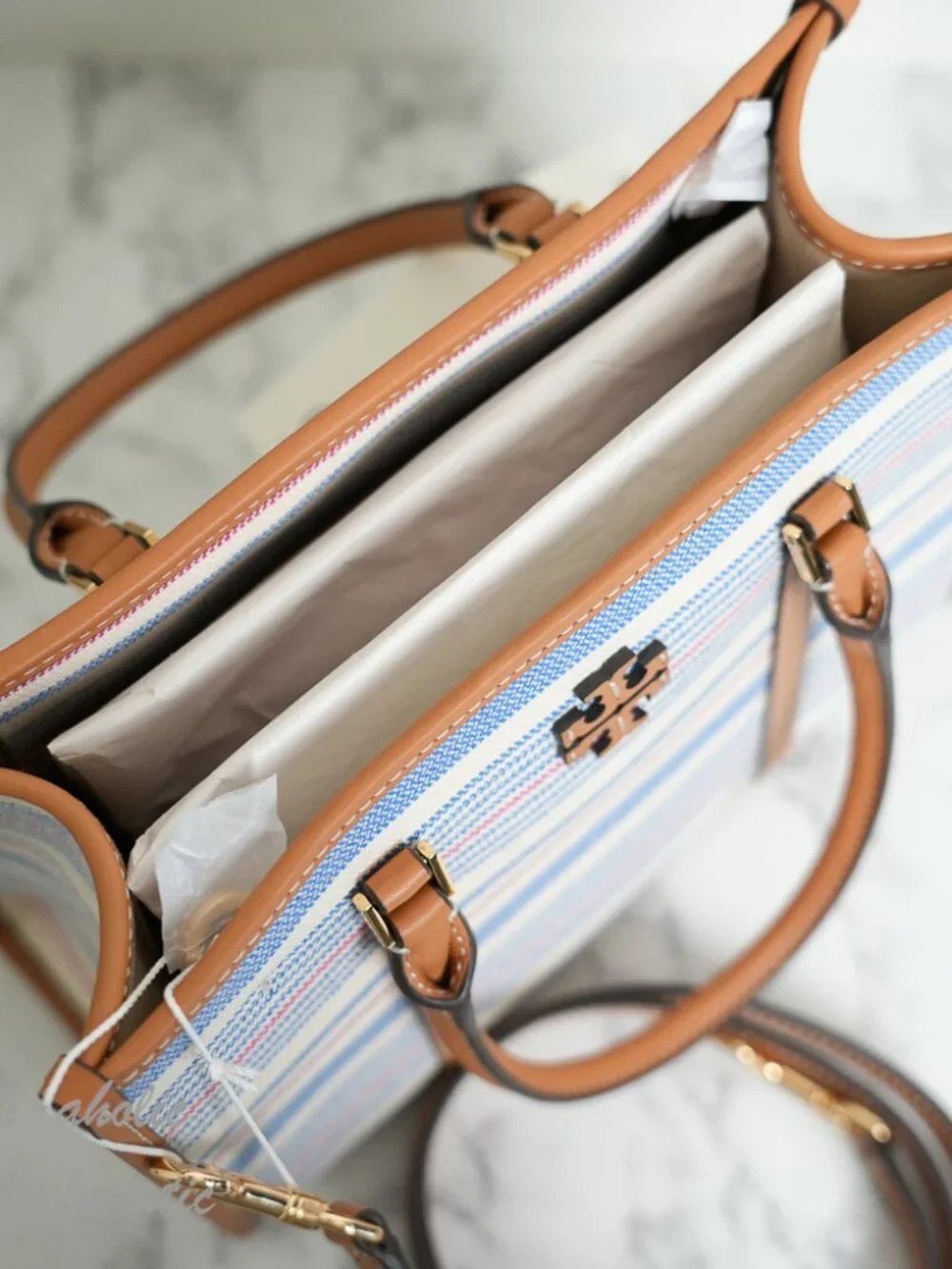 Tory Burch Blake Stripe Canvas Small Tote Crossbody in Multi / Walnut NWT